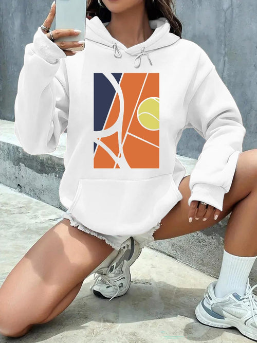 Women's Graphic Hoodie Abstract Shapes With Tennis Ball And Orange Color Court