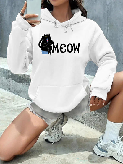 Women's Graphic Hoodie Meow Sitting Cute Silly Black Cat Among Minimal Urban Graphic Cat