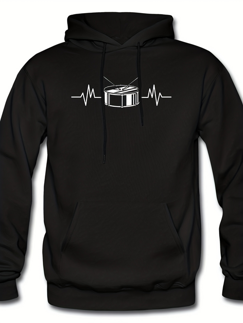 Men's Graphic Hoodie Heartbeat Line Surrounding A Detailed Snare Drum Design