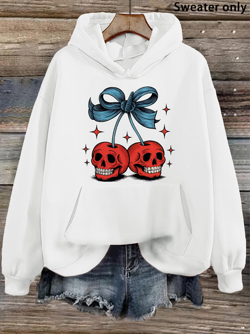 Women's Graphic Hoodie Blue Ribbon With Sparkling Stars Above Lifelike Red Cherry Skulls