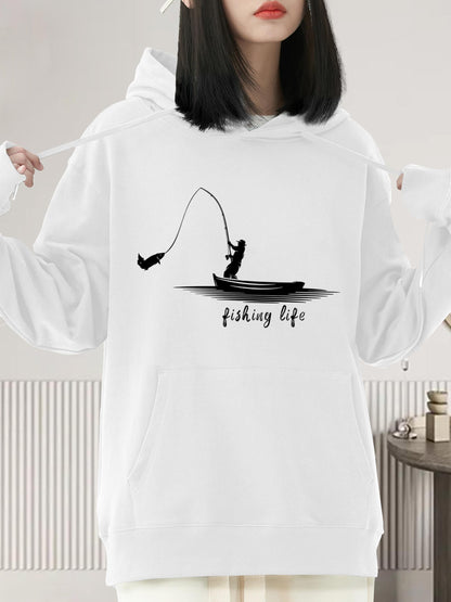 Women's Graphic Hoodie Fishing Life Silhouette Of Person In A Small Boat Casting Fishing Rod