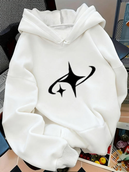 Women's Graphic Hoodie Abstract Black Curves And Star Forms On White Hoodie