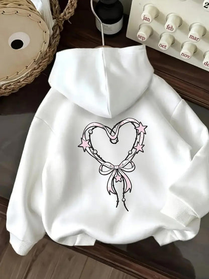 Women's Graphic Hoodie Hand Drawn Heart Shaped Ribbon Bow With Decorative Stars Hoodie