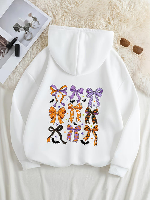 Women's Graphic Hoodie Halloween Inspired Festive Orange And Purple Pattern Bows Hoodie