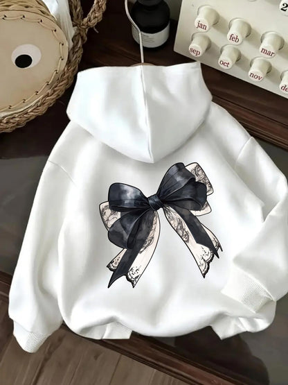 Women's Graphic Hoodie Elegant Large Satin Bow With Delicate Lace On Soft Hoodie