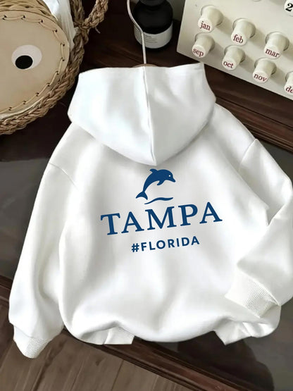 Women's Graphic Hoodie Tampa Florida With Blue Dolphin Silhouette Surrounded By White Hoodie