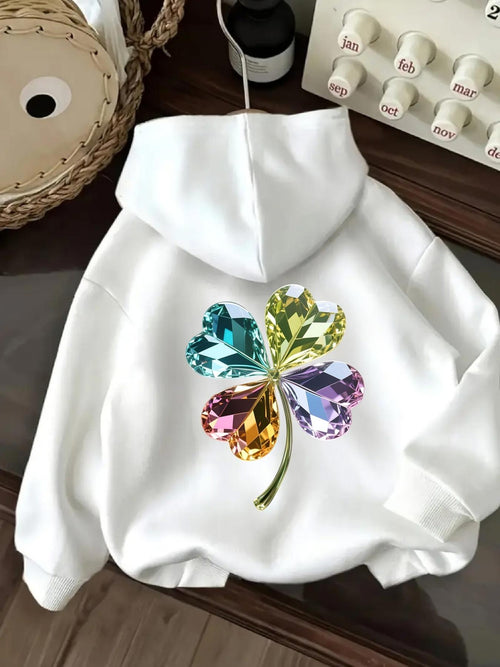 Women's Graphic Hoodie Colorful Gemstone Petals Reflecting Light Shining Green Four Leaf Clover