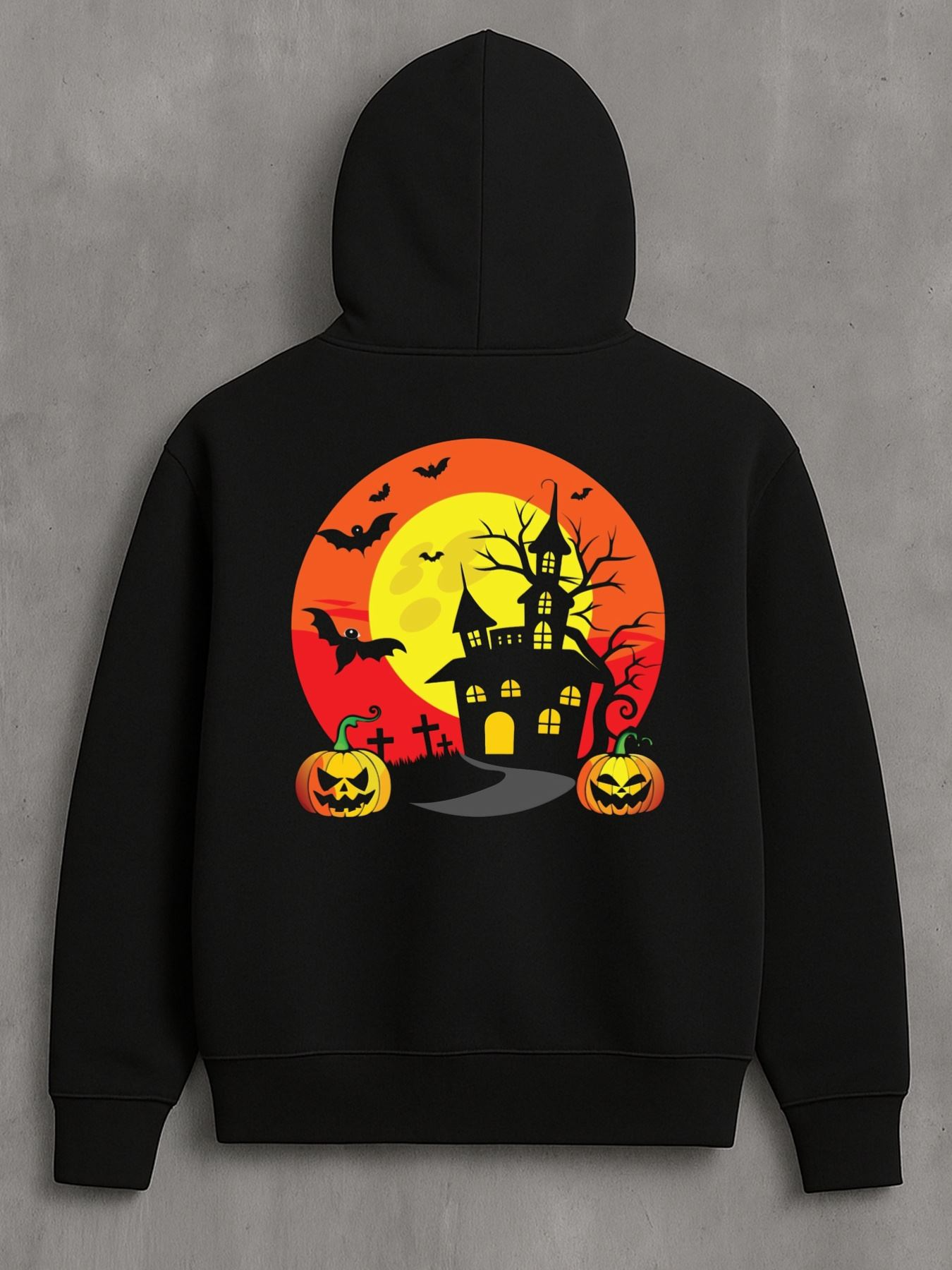 Men's Graphic Hoodie Haunted Halloween Night With Glowing Moonlit Pumpkins And Flying Bats House