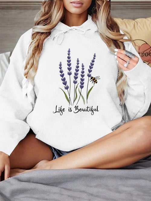 Women's Graphic Hoodie Life Is Beautiful With Blooming Lavender And Bumblebee Flowers