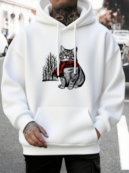 Men's Graphic Hoodie Striped Gray Cat Wearing Red Scarf Among Frosty Leafless Winter Trees Cat