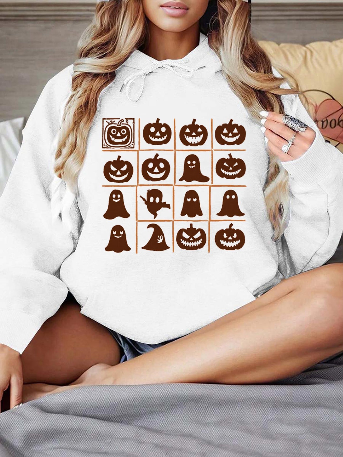 Women's Graphic Hoodie Spooky Pumpkins And Ghosts In Playful Halloween Grid Hoodie