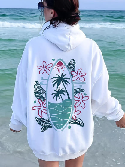 Women's Graphic Hoodie Palm Trees With Flowers Surf And Rolling Ocean Waves Surfboard