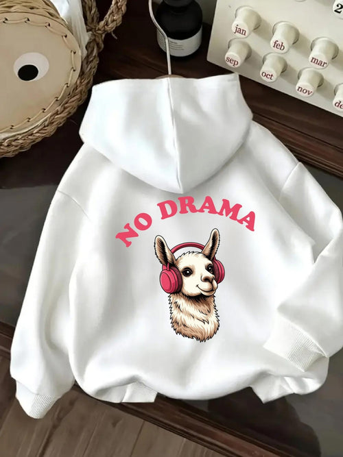 Women's Graphic Hoodie No Drama Cartoon Llama With Headphones Among Pink Accents Hoodie