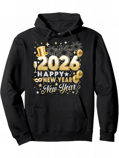 Men's Graphic Hoodie Golden Confetti Fireworks With Champagne Glass Mask And Top Hat New Year