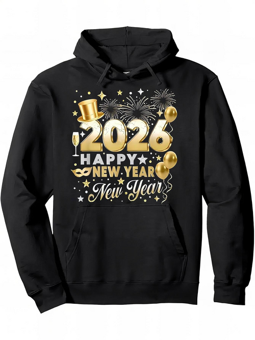 Men's Graphic Hoodie Golden Confetti Fireworks With Champagne Glass Mask And Top Hat New Year
