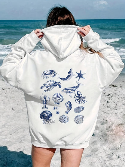 Women's Graphic Hoodie Ocean Wildlife With Shells Starfish And Waves Among Beach Sand Sea Creatures