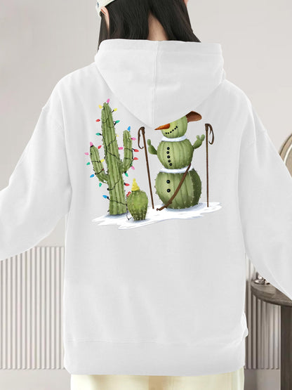 Women's Graphic Hoodie Festive Prickly Cactus Snowman With Colorful Holiday Lights