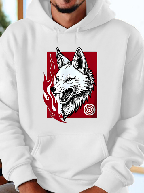 Men's Graphic Hoodie Bold Red Flames With Monochrome Fiery Eyes White Wolf