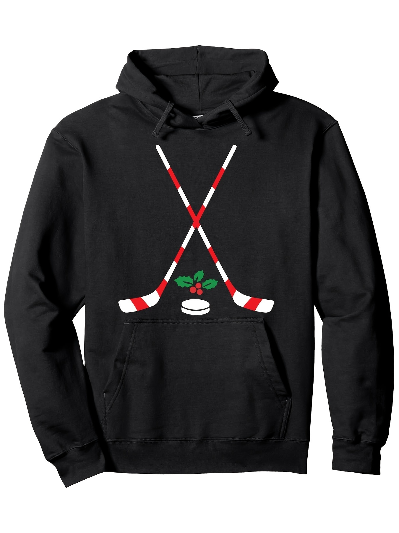 Men's Graphic Hoodie Candy Cane Patterned Hockey Sticks With Festive Berries And Black Puck