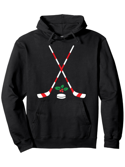Men's Graphic Hoodie Candy Cane Patterned Hockey Sticks With Festive Berries And Black Puck