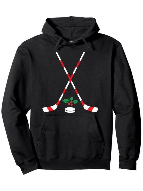 Men's Graphic Hoodie Candy Cane Patterned Hockey Sticks With Festive Berries And Black Puck