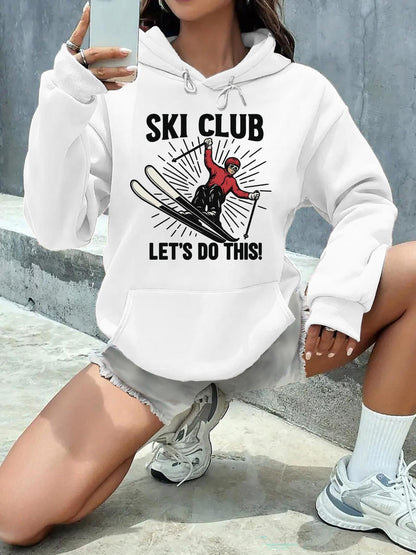 Women's Graphic Hoodie Ski Club With Speed Lines And Dynamic Skier Under Bright Sun Skiing