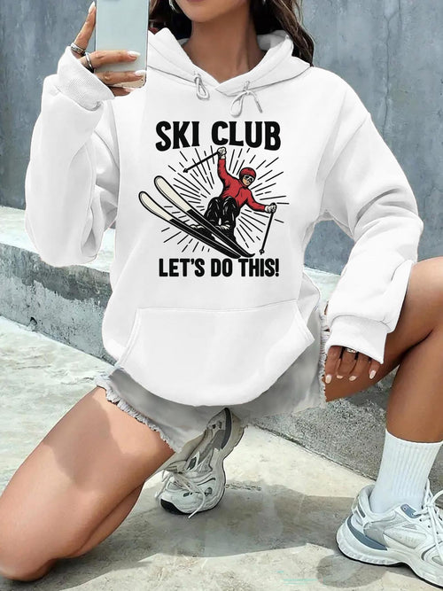 Women's Graphic Hoodie Ski Club With Speed Lines And Dynamic Skier Under Bright Sun Skiing