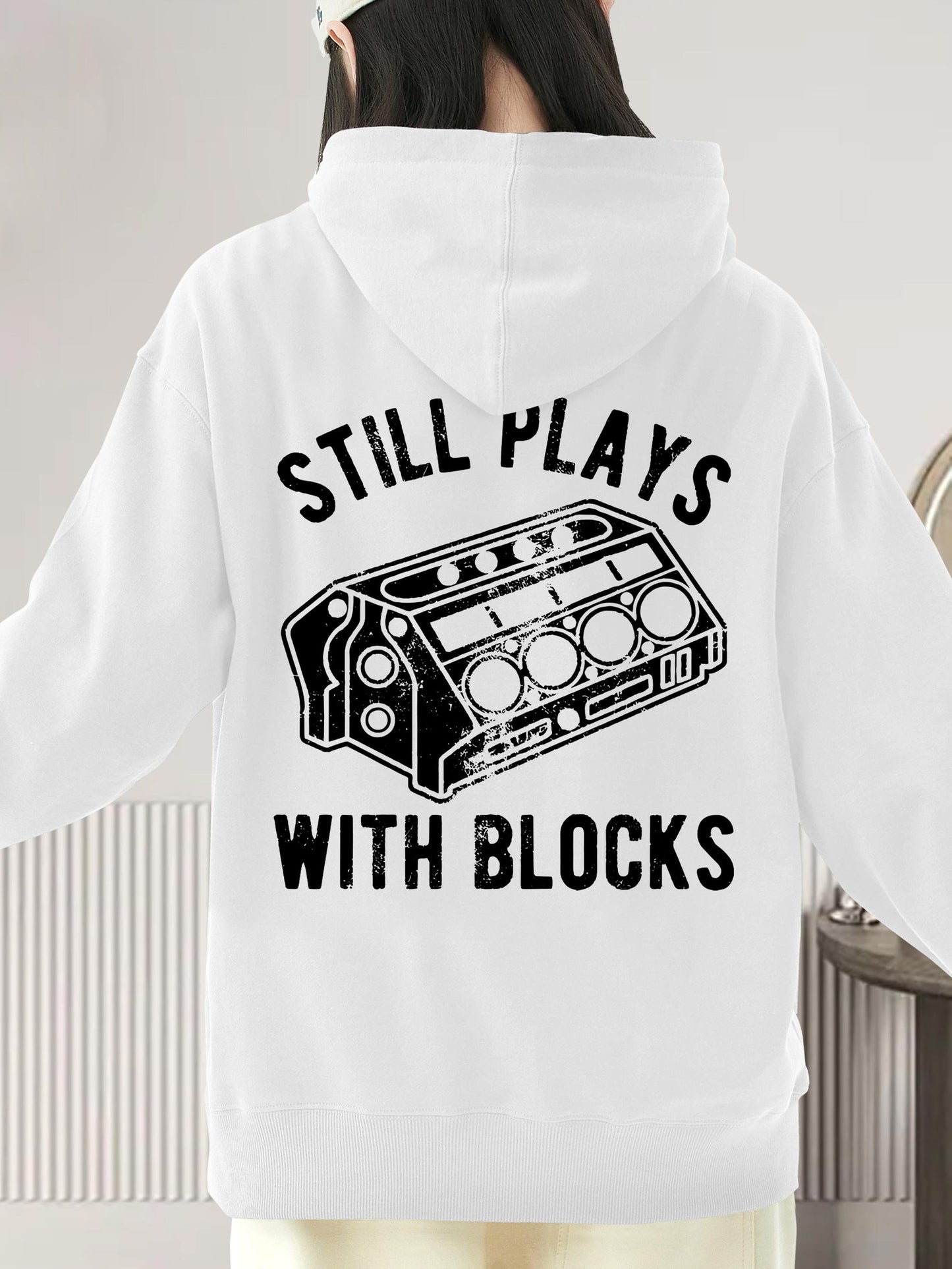 Women's Graphic Hoodie Still Plays With Blocks Mechanical Engine Among Black Bold Outlined Artwork