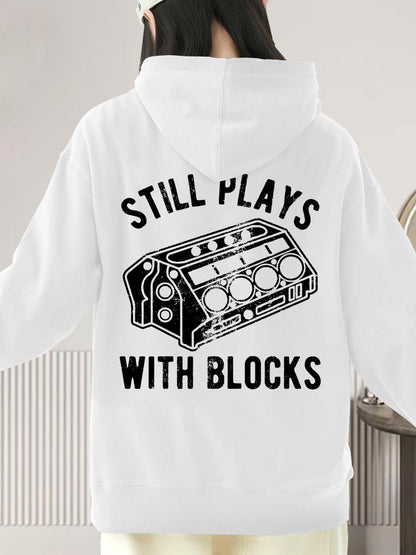 Women's Graphic Hoodie Still Plays With Blocks Mechanical Engine Among Black Bold Outlined Artwork