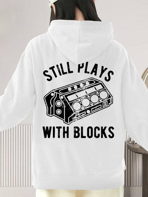 Women's Graphic Hoodie Still Plays With Blocks Mechanical Engine Among Black Bold Outlined Artwork