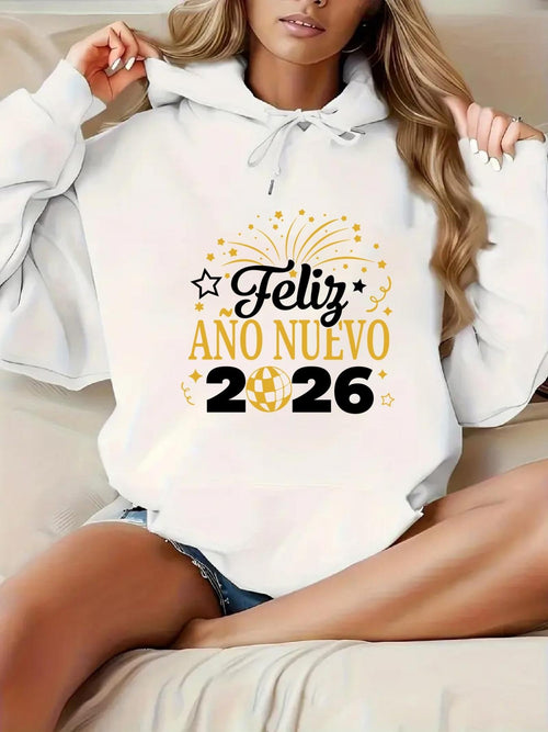 Women's Graphic Hoodie Gold Fireworks And Stars Celebrating Happy New Year With Numbers Hoodie