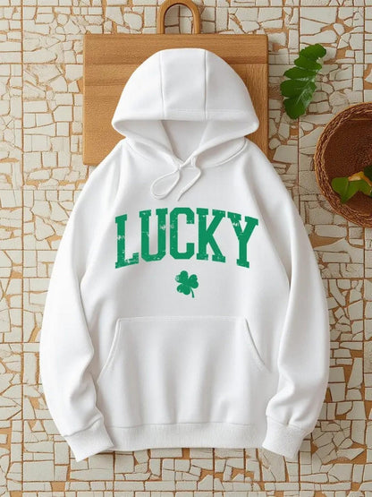 Women's Graphic Hoodie Lucky Text With Green Clover Underneath Hoodie