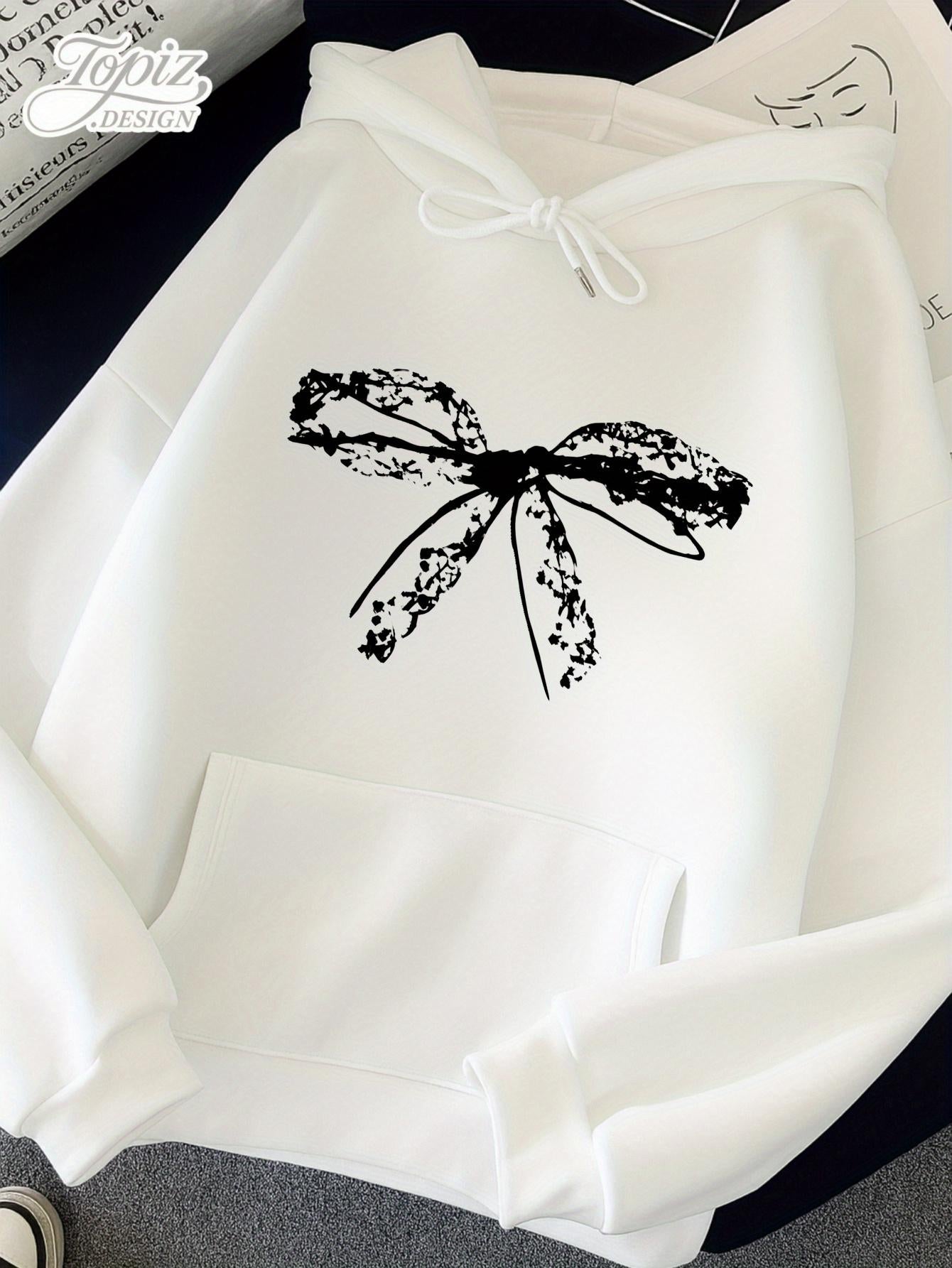 Women's Graphic Hoodie Floral Ink Pattern Ribbon Bow Design Sweatshirt Bow