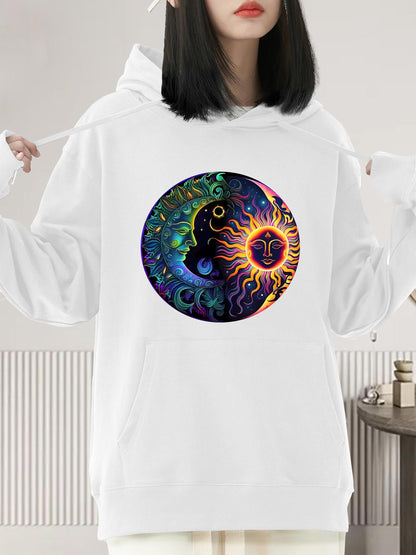 Women's Graphic Hoodie Radiant Energy Swirling Colorful Waves With Yin Yang Sun Moon