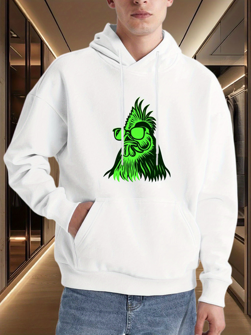 Men's Graphic Hoodie Vivid Neon Green Glow With Stylized Modern Rooster Chicken