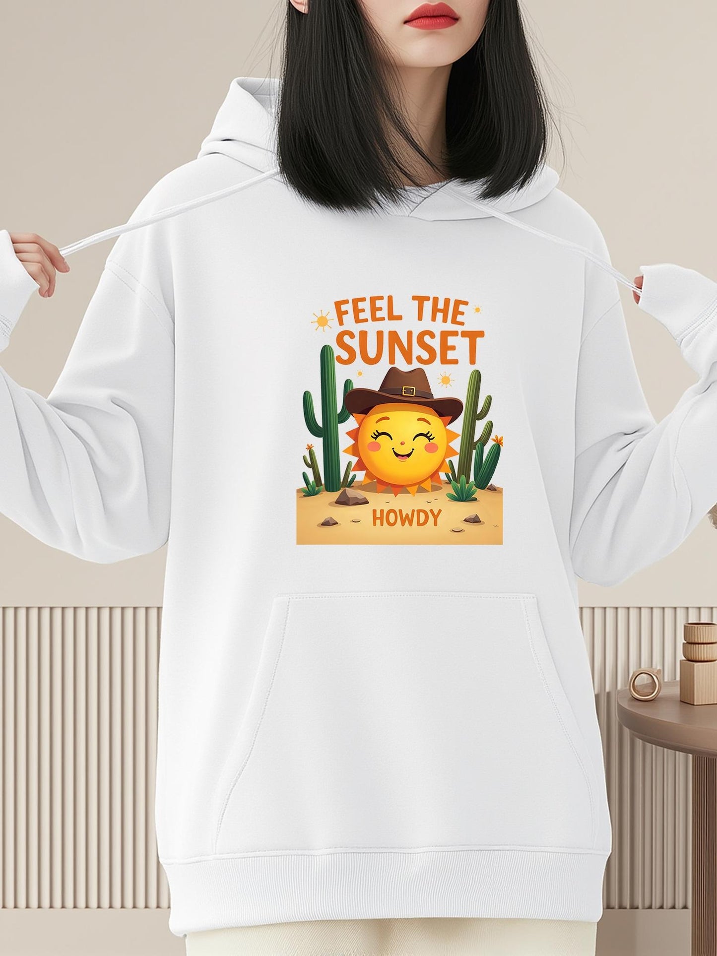 Women's Graphic Hoodie Feel The Sunset Smiling Sun With Cowboy Hat Among Cactus Desert Scene