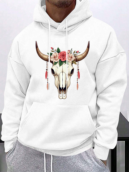Men's Graphic Hoodie Delicate Pink Roses With Feathers Crowning A Majestic Bull Skull