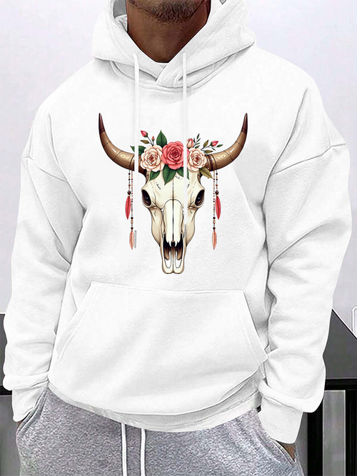 Men's Graphic Hoodie Delicate Pink Roses With Feathers Crowning A Majestic Bull Skull
