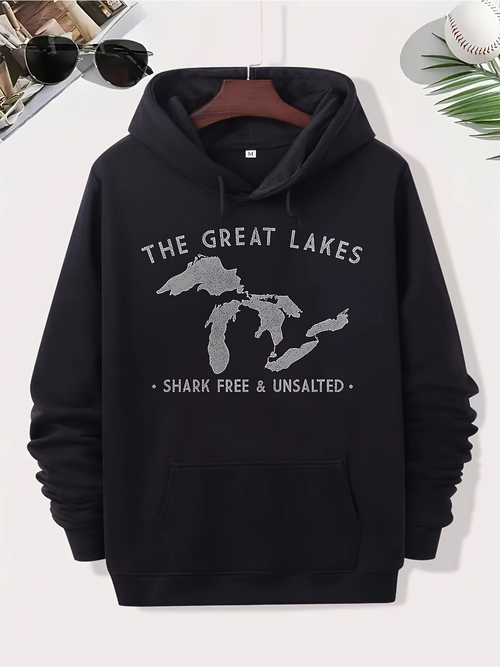 Men's Graphic Hoodie The Great Lakes Shark Free And Unsalted Map Illustration