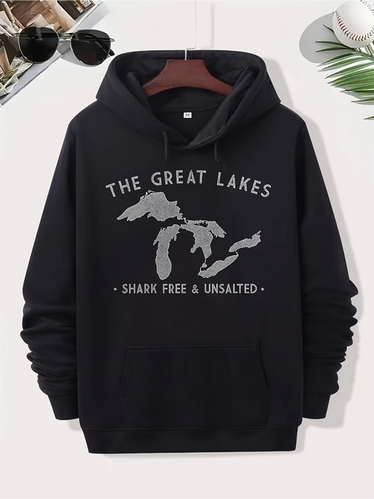 Men's Graphic Hoodie The Great Lakes Shark Free And Unsalted Map Illustration