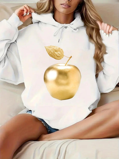 Women's Graphic Hoodie Luxury Metallic Shine With Radiant Leaf And Luminous Golden Apple