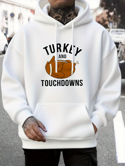Men's Graphic Hoodie Turkey And Touchdowns Festive Street Style With Roasted Turkey Graphic