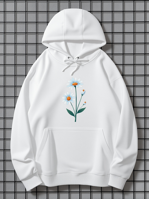 Men's Graphic Hoodie Botanical Illustration With Green Leaves Among Blooming Chamomile Flower