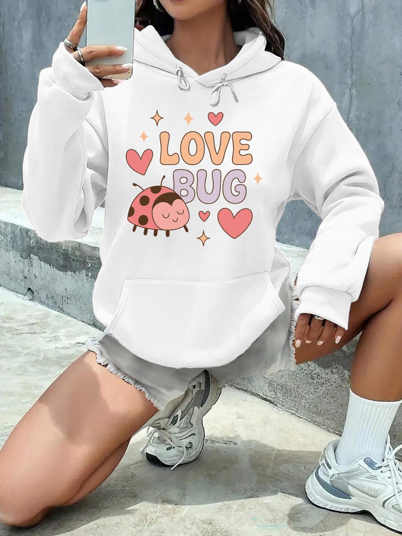 Women's Graphic Hoodie Love Bug Surrounded By Pink Hearts With Smiling Ladybug