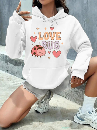 Women's Graphic Hoodie Love Bug Surrounded By Pink Hearts With Smiling Ladybug