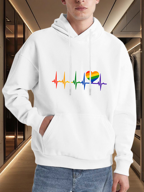 Men's Graphic Hoodie Rainbow Colored Pulse With Heartbeat And Pride Heart Graphic
