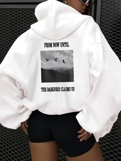 Women's Graphic Hoodie From Now Until The Darkness Claims Us Moody Mountains Silhouetted Birds Flying Over Valley