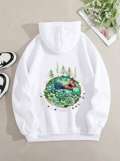 Women's Graphic Hoodie Butterfly Resting Among Lush Green Foliage With Pine Forest Scene