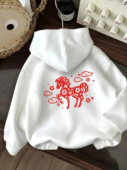 Women's Graphic Hoodie Playful Clouds With Floral Patterned Pony Under Pink Sky Pony
