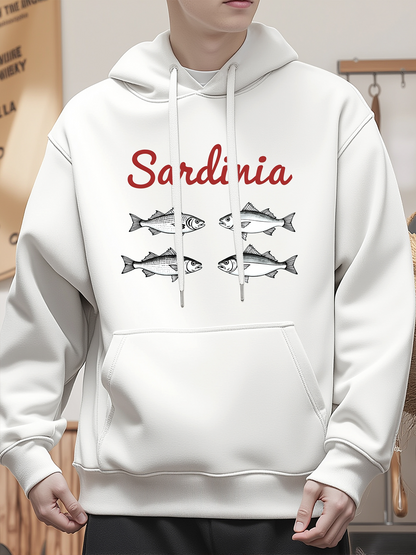 Men's Graphic Hoodie Sardinia Four Fish With Delicate Illustration Under Red Lettering Hoodie